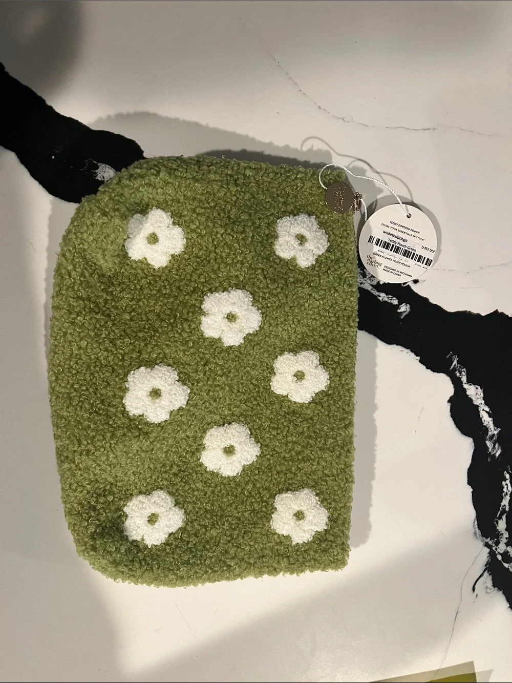 Green Daisy faux- shearling pouch with White Flowers